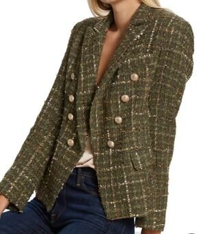 Generation Love Kaya Tweed Blazer Green Cotton Wool Blend Double Breasted Small